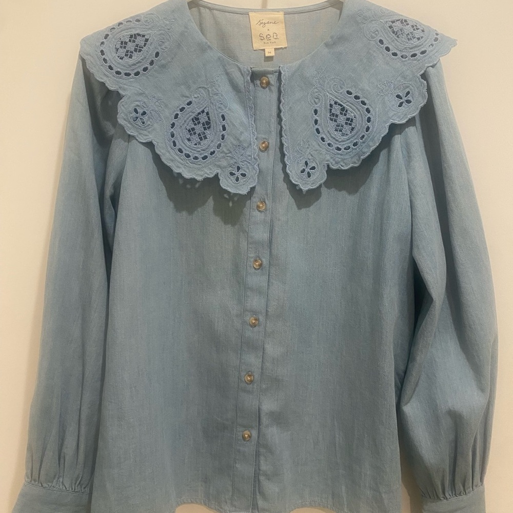 Sezane Light Blue Embroidered Blouse